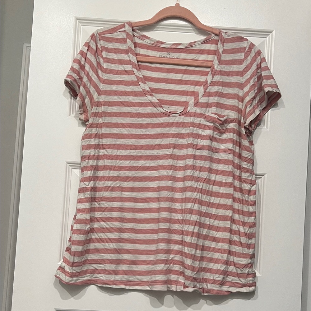 Caslon Rose Pink and White Striped V-Neck Pocket Tee